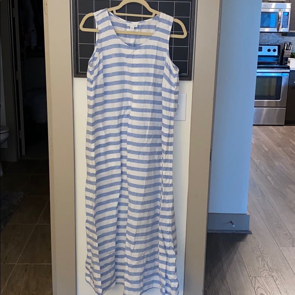 Blue & white striped maxi linen dress